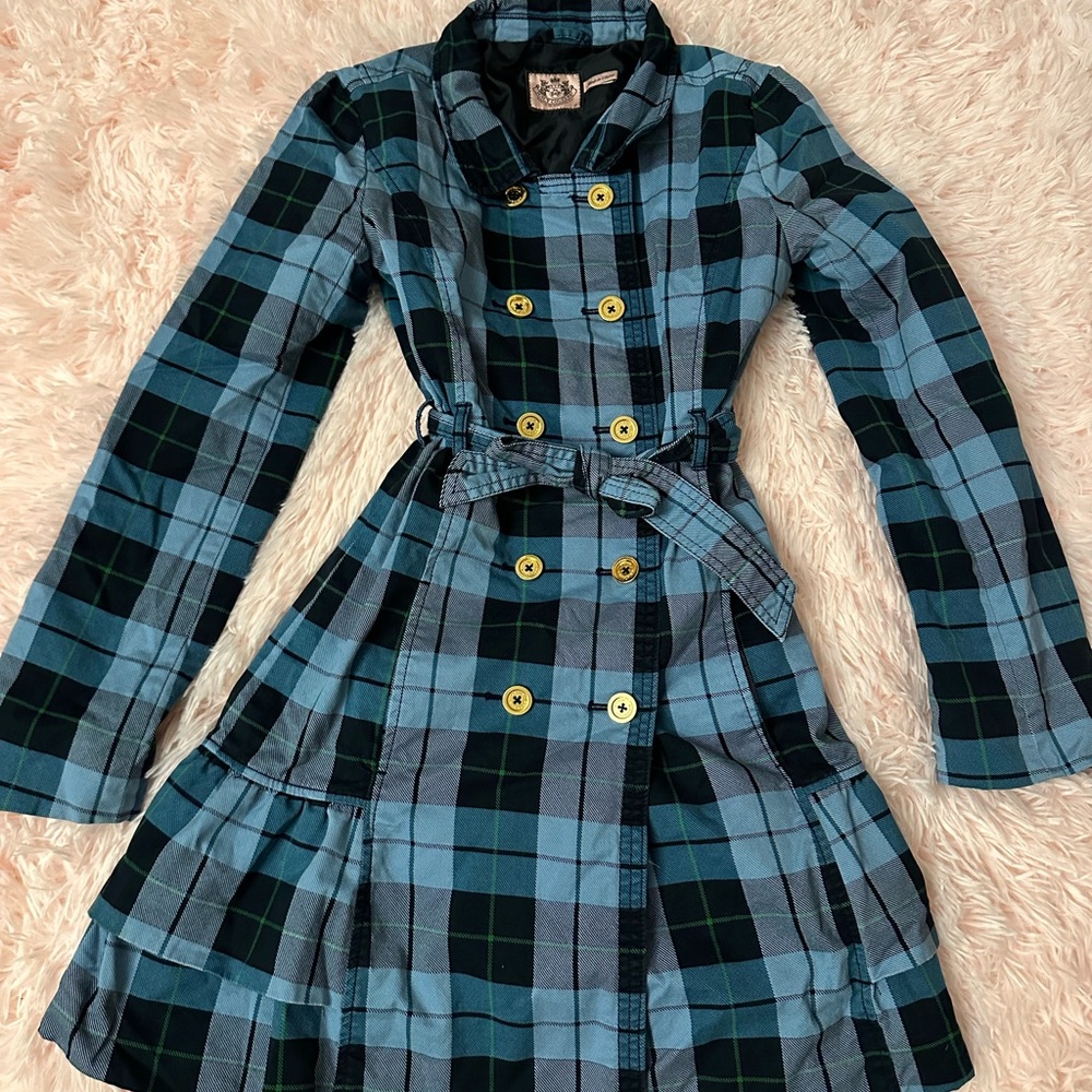 VINTAGE JUICY COUTURE GINGHAM TRENCH COAT PETITE JUNIOR 12 BLUE BLACK
